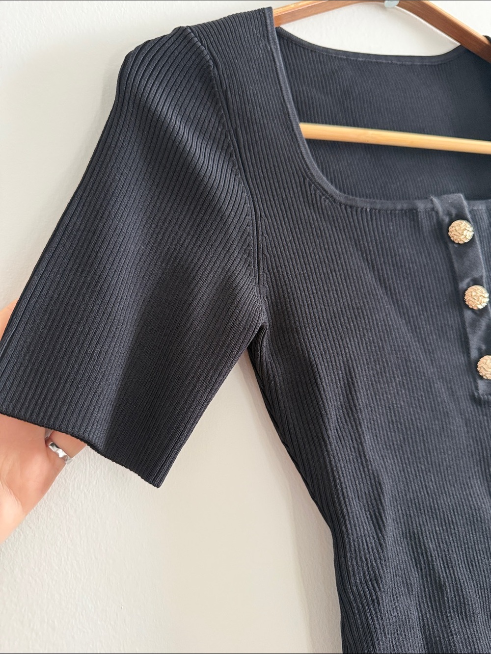 Black Ribbed Square-Neck Short Sleeve Top with Decorative Buttons - Picture 3 of 3